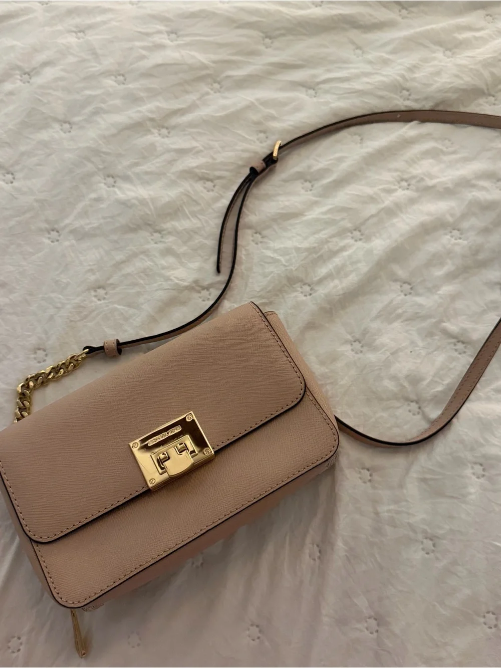 Beige Crossbody Shoulder Bag with Gold Hardware